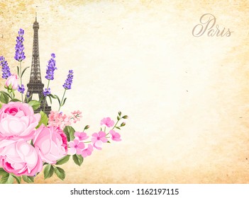 Eiffel tower icon with spring blooming flowers over old paper background. Wedding romantic card. Vector illustration.