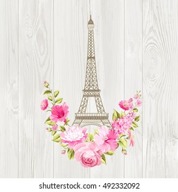 Eiffel tower icon with spring blooming flowers over gray text pattern with sign Paris souvenir. Vector illustration.