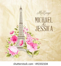 Eiffel tower icon with spring blooming flowers crupled paper texture with wedding invitation sign. Vector illustration.
