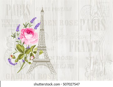 Eiffel tower icon with spring blooming flowers over gray wooden pattern. Vector illustration.