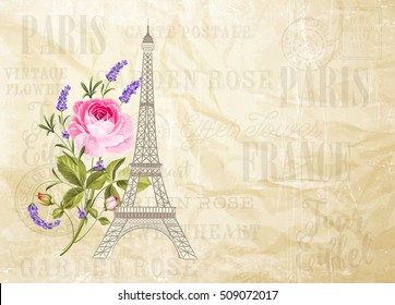 Eiffel tower icon with spring blooming flowers over old paper background with sign Tour Eiffel. Wedding romantic card. Vector illustration.