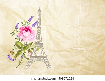 Eiffel tower icon with spring blooming flowers over old paper background. Wedding romantic card. Vector illustration.