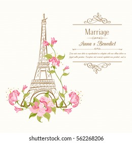 Icono de la Torre Eiffel con flores florecientes de primavera con marco El matrimonio de Anna y Benedict. Ilustración vectorial.