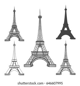 Eiffel tower icons isolated on white background. French Paris towers black silhouettes vector illustration