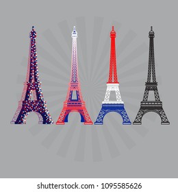 Eiffel tower icons set isolated on grey background. Paris towers silhouettes. Vector illustration.
