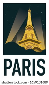 The eiffel tower illuminations show with it's golden covering and sparkles in the evening. Handmade drawing vector illustration. Vintage style poster, poster and postcard design