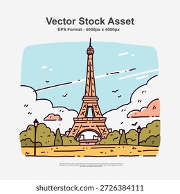Torre Eiffel ilustrada en un encantador estilo de arte dibujado a mano con líneas limpias. Esta ilustración de Lugar famoso icónica utiliza diseño de Vector en formato EPS, ideal para temas de viajes, obras de arte de París y proyectos de ilustración creativa.