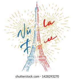 Eiffel tower illustration with france flag colors. Vive La France lettering. Sketch. Vector.