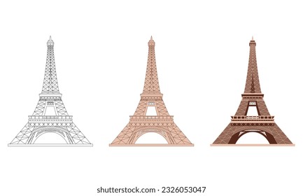 Eiffel tower illustration, isolated on white background, famous world landmark. The symbol of Paris and France. Travel vector illustration, line and flat style.
