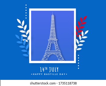 Eiffel Tower Image with Leaves on Blue Background for 14th July, Happy Bastille Day.