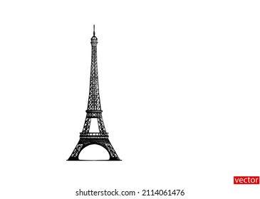 La Torre Eiffel aislada. Dibujo en blanco y negro de la Torre Eiffel aislado de fondo blanco. Dibujo de línea en marcador negro. Área en blanco para texto. La silueta de la Torre Eiffel. Cartel, pancarta, icono. Vector