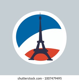 Eiffel Tower isolated on multicolored background with red white and blue lines, rounded sticker with bright outline, silhouette of famous monument