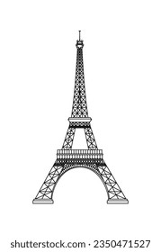 Torre Eiffel aislada en blanco. Símbolo de París. Francia. Silueta lineal vectorial, ilustración