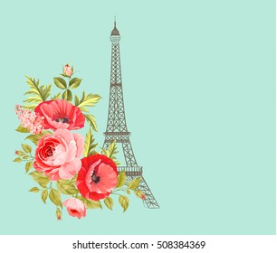 Eiffel tower isolated over the blue background. Vintage blue card with spring flowers design with Eiffel tower. Vector illustration.