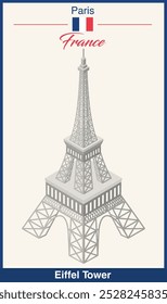 Ilustração isométrica Torre Eiffel feita com textura pontilhada, técnica de pontilhismo. Cartaz vetorial