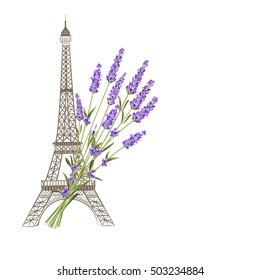 Eiffel tower with lavender flowers isolated over white background. The lavender elegant card. Eiffel tower symbol with spring blooming flowers for wedding invitation. Vector illustration.