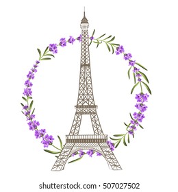 Eiffel tower with lavender flowers isolated over white background. The lavender wreath on elegant card. Eiffel tower symbol with spring blooming flowers for wedding invitation. Vector illustration.