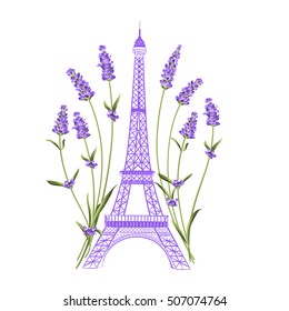 Eiffel tower with lavender flowers isolated over white background. The lavender elegant card. Eiffel tower symbol with spring blooming flowers for wedding invitation. Vector illustration.