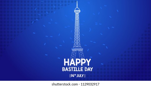 Eiffel tower Lettering 14th july happy bastille day with blue background