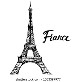 Eiffel tower and lettering France greeting with french flag ink hand drawn sketch stock vector illustration  design for greeting card, poster and banner