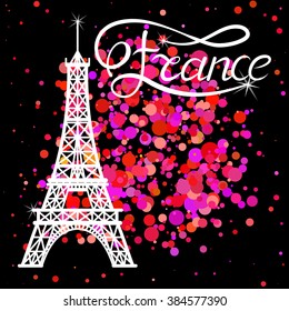 Eiffel Tower and lettering France on the pink glitter background