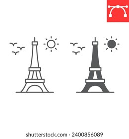 Línea de la torre Eiffel e icono de glifo, Día de las valentinas y París, icono vectorial de la torre Eiffel, gráficos vectoriales, símbolo de contorno de trazo editable, eps 10.