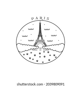 Eiffel tower line graphics. Black and white logo. Paris, France.