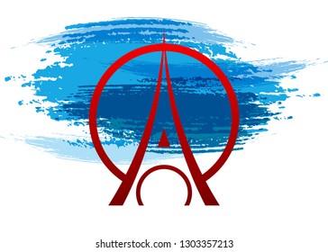 Eiffel Tower logo icon, minimalist style. Symbol french, Paris, holiday, travel tour. Silhouette tall building Tower isolated or white. Modern architecture design Vector in blue tempera painting style