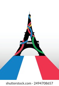 Eiffel tower, logo icon, Paris city France Flag Flat design, silhouette, isolated on white background