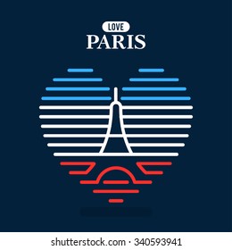 Eiffel Tower logo, national flag of France. Heart of lines. Vector Illustration.