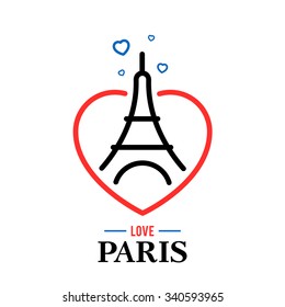 Eiffel Tower logo, national flag of France. Heart of lines. Vector Illustration.