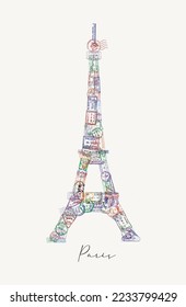 Eiffel tower made from stamps different countries with lettering Paris