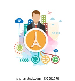 Eiffel tower and man on abstract colorful background with different icon and elements. Eiffel tower flat design