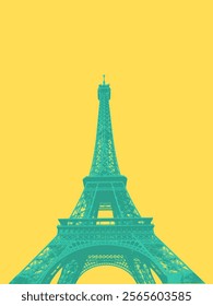 Eiffel Tower modern poster graphic design. Paris, France cool graphics in yellow and turquoise.