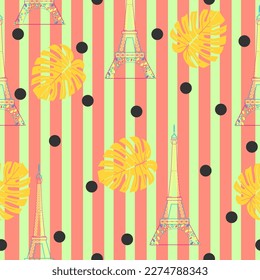 Torre Eiffel , monstera, puntos de polka y rayas verticales patrón vectorial sin fisuras