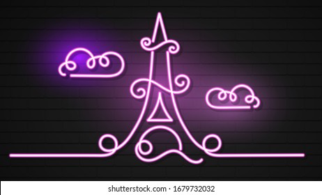 Eiffel tower in neon light on brick background Vector Illustration.