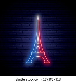 Eiffel Tower neon sign. Bright night signboard with glowing Paris symbol. Stock vector illustration in neon style.