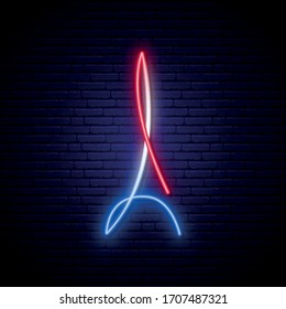 Eiffel tower neon sign. Glowing neon Eiffel tower on dark brick wall background. Vector illustration.