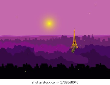 Eiffel tower, night, moonlight rivals lighting, shades of purple in the city of romance, surreal color