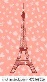 Eiffel Tower on the background of autumn leaves. Seamless pattern with leaves in the background. Vector illustration.