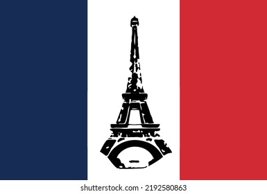 Eiffel tower on background of France flag. France flag with the Eiffel tower in the center of it. Vector illustration, Eiffel Tower drawn in a simple sketch style. Isolated contour on french national.