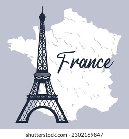 Eiffel tower on the background of the map of France. Print, poster, illustration, vector	
