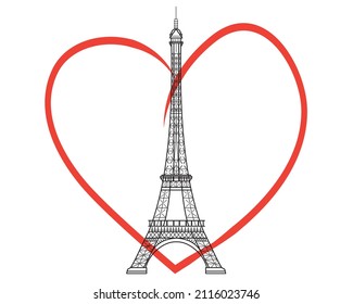 Eiffel Tower on the background of red hearts.Valentine's day. Romance. Vector illustration.