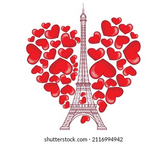 Torre Eiffel sobre el fondo de los corazones rojos. Día de San Valentín. Romance. Ilustración vectorial.