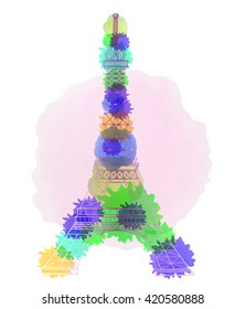 Eiffel tower on background of watercolor stains