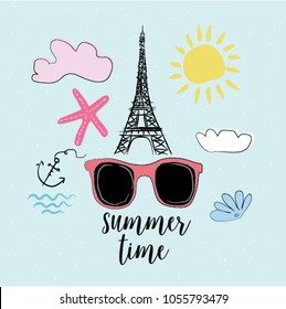 
Eiffel tower on a blue background with sunglasses, sea star and an inscription  Summer Time.