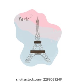 Eiffel tower on colorful background, hearts and inscription Paris.