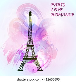 Eiffel tower on colorful background. Symbol of romance. Paris sight. Vector illustration.