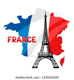 Eiffel Tower on map of France. Architectural sight illustration.