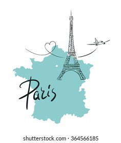 Eiffel Tower on the map of France, sketchy style vector illustration 